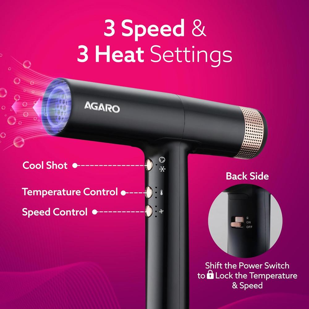 AGARO Royal BLDC Professional Hair Dryer, Brushless Motor, Ionic technology, 2000W, 110000 RPM, Fast Drying, 3 Speed & 3 Temperature Settings, Cool Shot Button, for Women, Men, Salon, Home, Black 33907