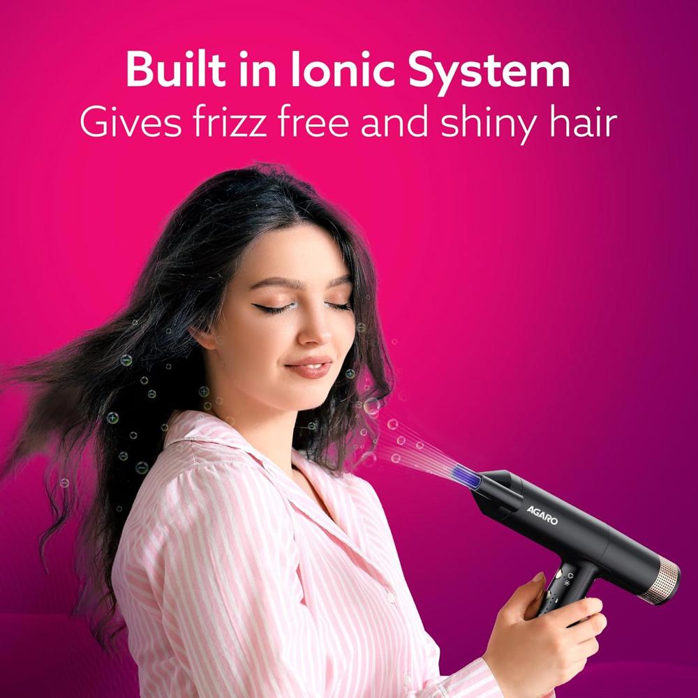 AGARO Royal BLDC Professional Hair Dryer, Brushless Motor, Ionic technology, 2000W, 110000 RPM, Fast Drying, 3 Speed & 3 Temperature Settings, Cool Shot Button, for Women, Men, Salon, Home, Black 33907