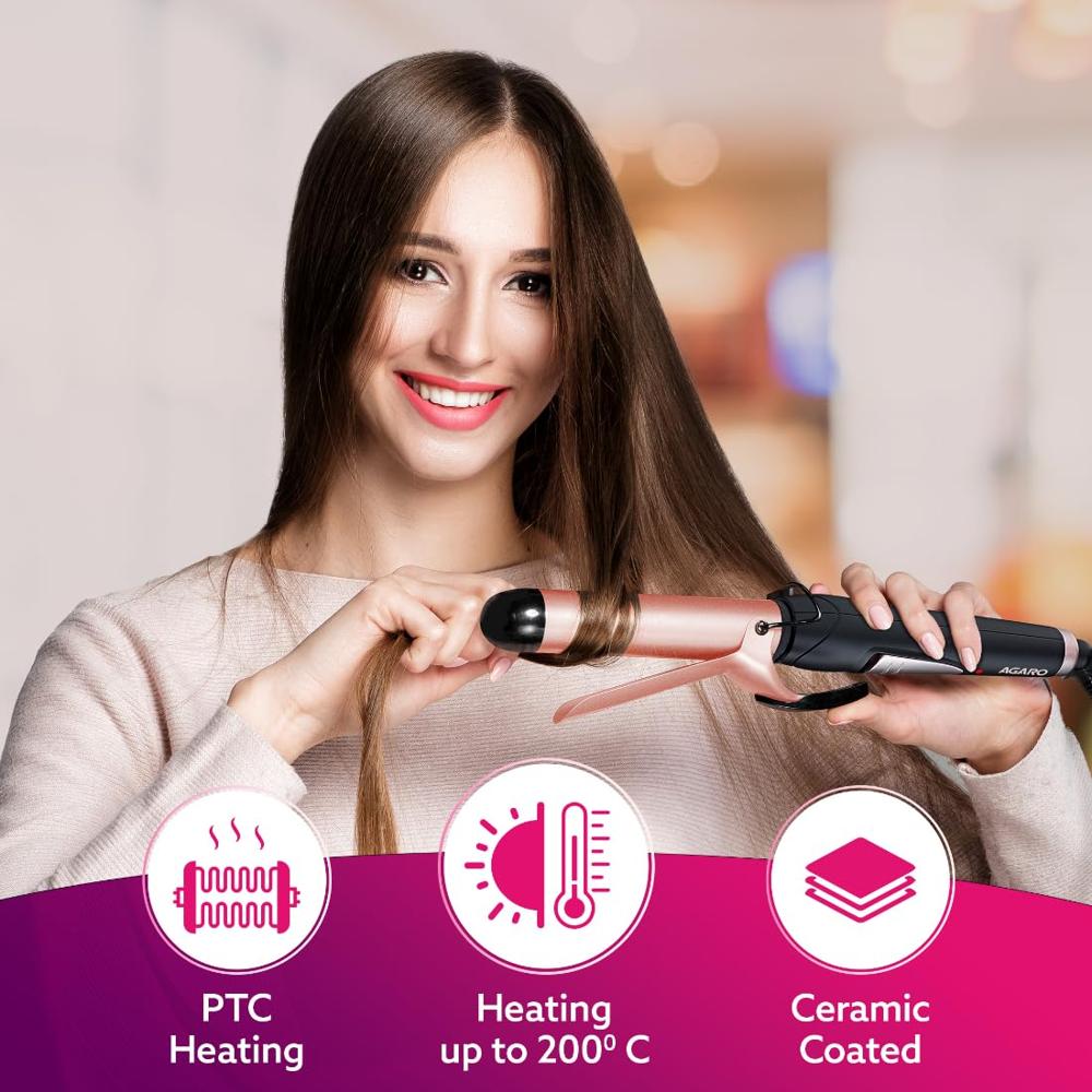AGARO Hair Curler with 25MM Barrel, Rod, Tong, Tourmaline Infused Ceramic Coated Plates, Cool Touch Tip, Fast Heating, for Women, Long and Short Hair Curling, Styling, Black & Rose Gold HC6001 33478