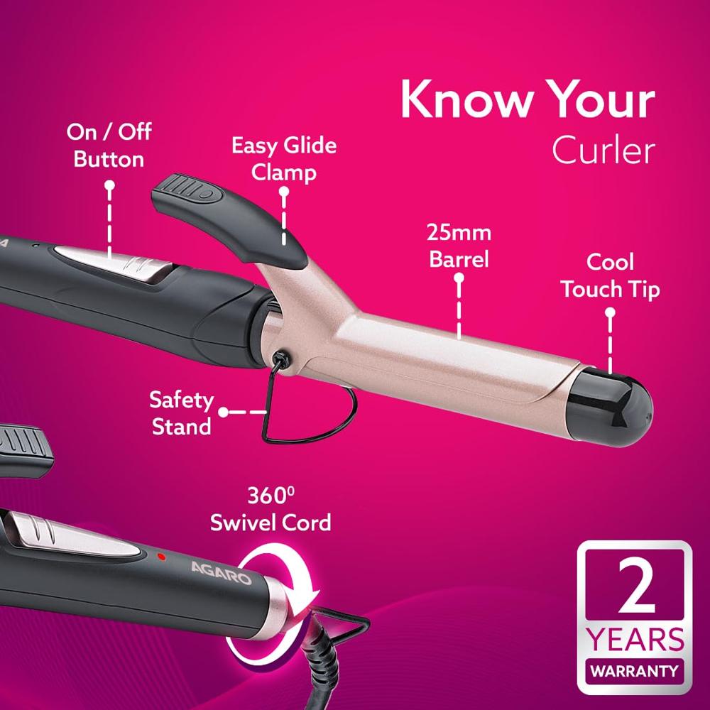 AGARO Hair Curler with 25MM Barrel, Rod, Tong, Tourmaline Infused Ceramic Coated Plates, Cool Touch Tip, Fast Heating, for Women, Long and Short Hair Curling, Styling, Black & Rose Gold HC6001 33478