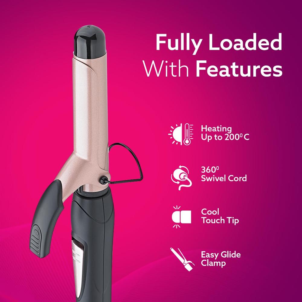 AGARO Hair Curler with 25MM Barrel, Rod, Tong, Tourmaline Infused Ceramic Coated Plates, Cool Touch Tip, Fast Heating, for Women, Long and Short Hair Curling, Styling, Black & Rose Gold HC6001 33478