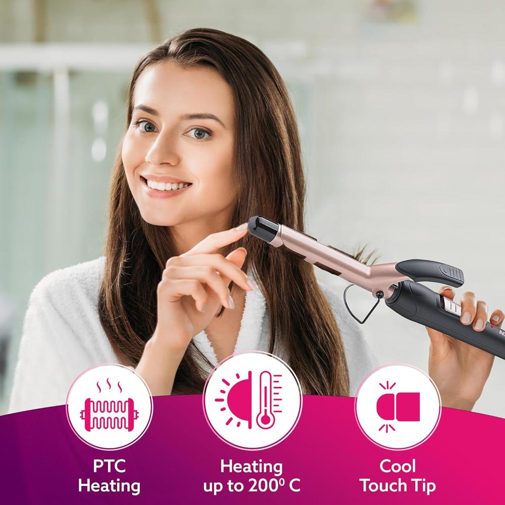 AGARO HC7001 Hair Curler with 19MM Barrel, Rod, Tong, Tourmaline Infused Ceramic Coated Plates, Cool Touch Tip, Fast Heating, for Women, Long and Short Hair Curling, Styling, Black & Rose Gold 33477