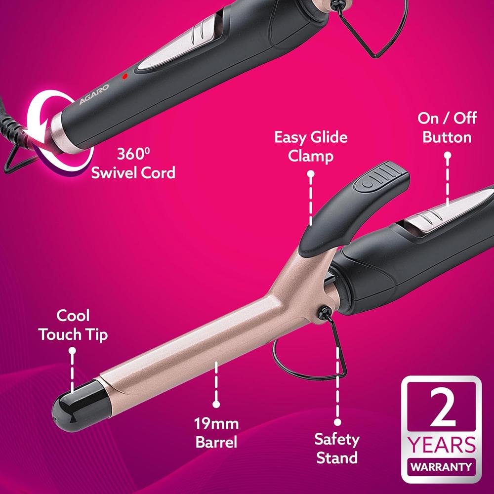 AGARO HC7001 Hair Curler with 19MM Barrel, Rod, Tong, Tourmaline Infused Ceramic Coated Plates, Cool Touch Tip, Fast Heating, for Women, Long and Short Hair Curling, Styling, Black & Rose Gold 33477