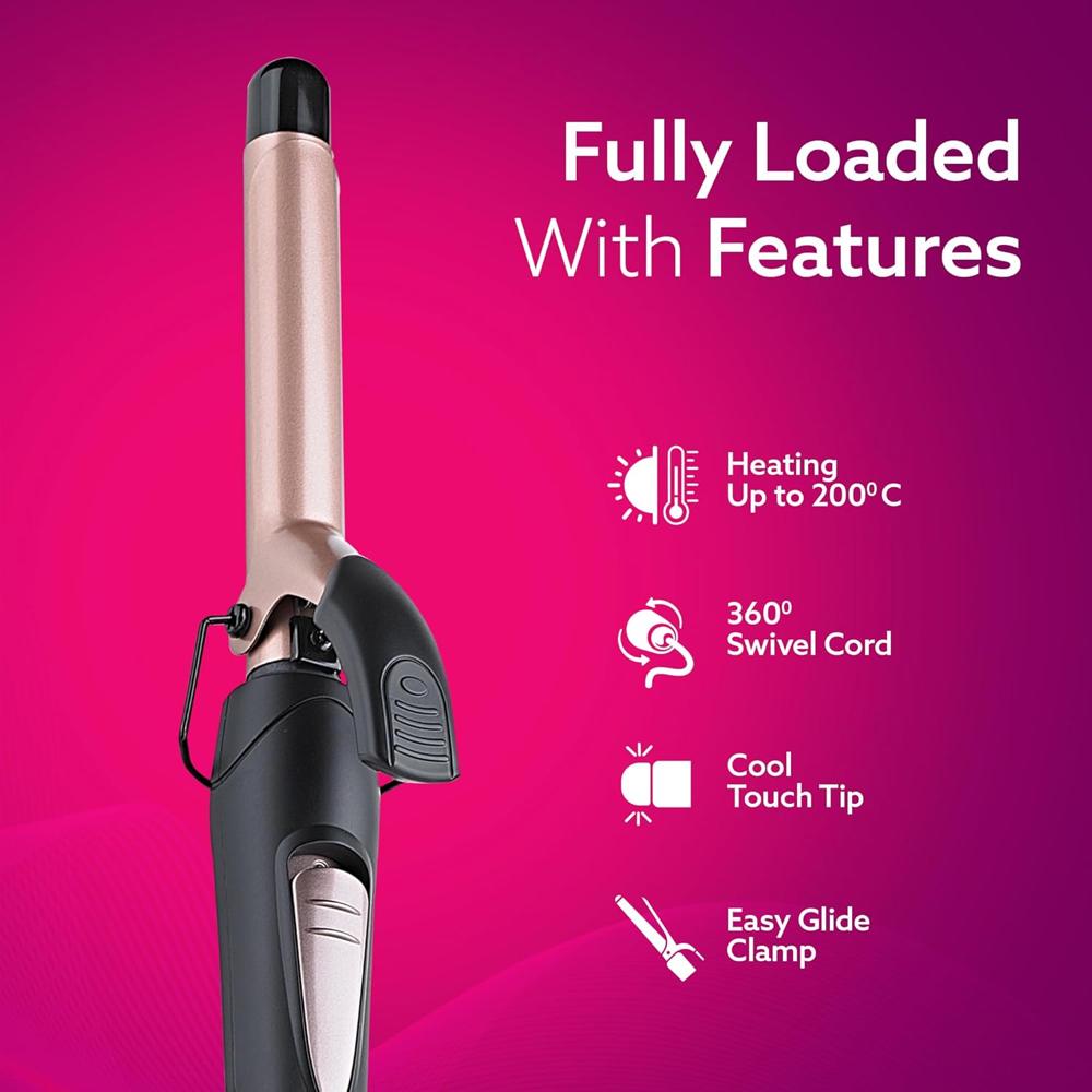 AGARO HC7001 Hair Curler with 19MM Barrel, Rod, Tong, Tourmaline Infused Ceramic Coated Plates, Cool Touch Tip, Fast Heating, for Women, Long and Short Hair Curling, Styling, Black & Rose Gold 33477