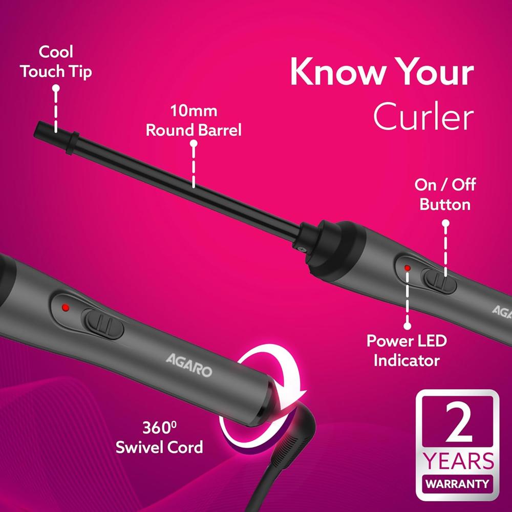 AGARO Hair Curler With 10MM Barrel, Rod, Tong, Chopstick Hair Curler, Ceramic Coated Plates, Cool Touch Tip, Fast Heating, For Women, Maggie Curl, Hair Curling, Styling, Grey & Black HC8001  33771
