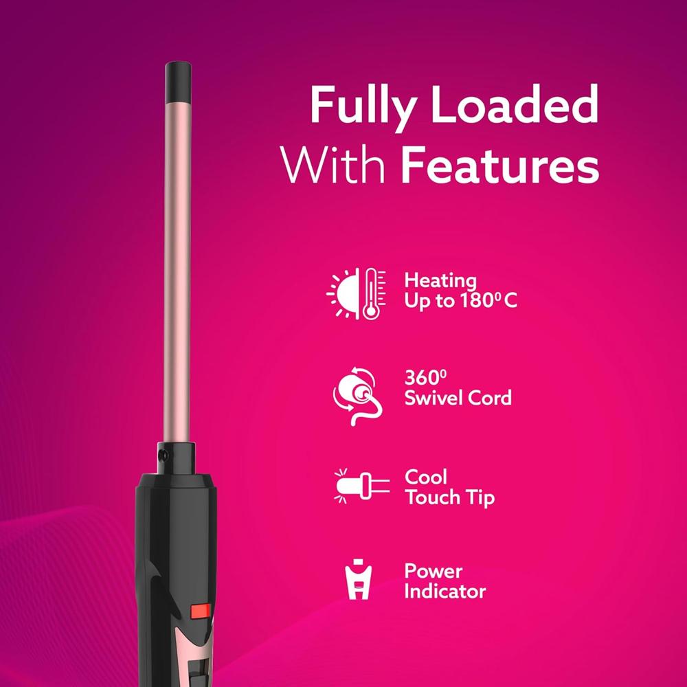 AGARO Round Chopstick Curler, With 7 MM Barrel, Rod, Tong, Chopstick Round Hair Curler, Ceramic Coated Plates, Cool Touch Tip, Fast Heating, For Men Women, Maggie Curl, Styling (HC9007, Rose Gold & Black)  34012