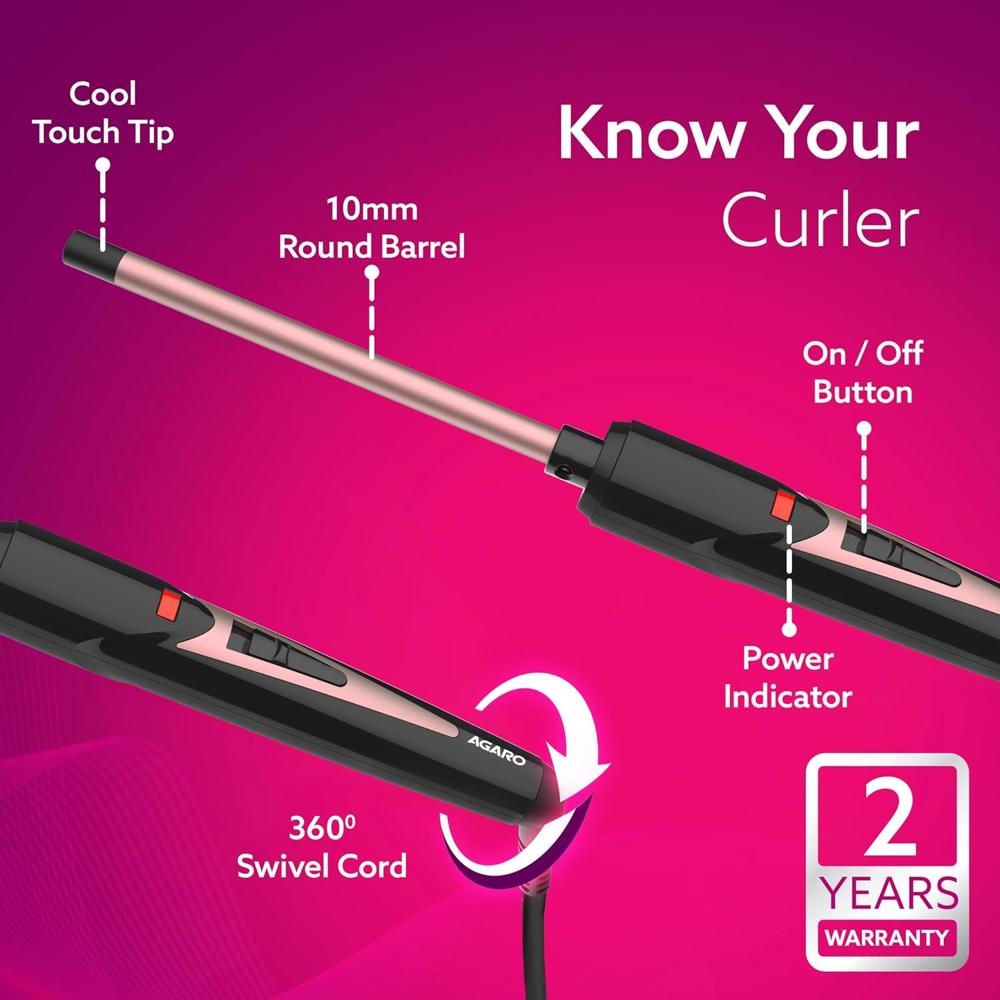 AGARO Round Chopstick Curler, With 7 MM Barrel, Rod, Tong, Chopstick Round Hair Curler, Ceramic Coated Plates, Cool Touch Tip, Fast Heating, For Men Women, Maggie Curl, Styling (HC9007, Rose Gold & Black)  34012