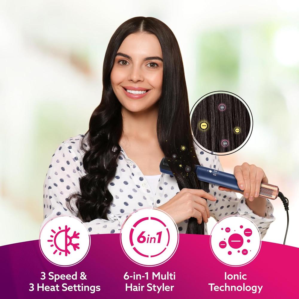 AGARO Imperial Multifunctional 6-in-1 Hair Styler, Brushless 1200W Motor, High Speed Ionic Hair Dryer, Blow Dryer Brush, Detachable Hair Styling Tools, Volumizing, Drying, Smoothing, Men & women, Blue 34141
