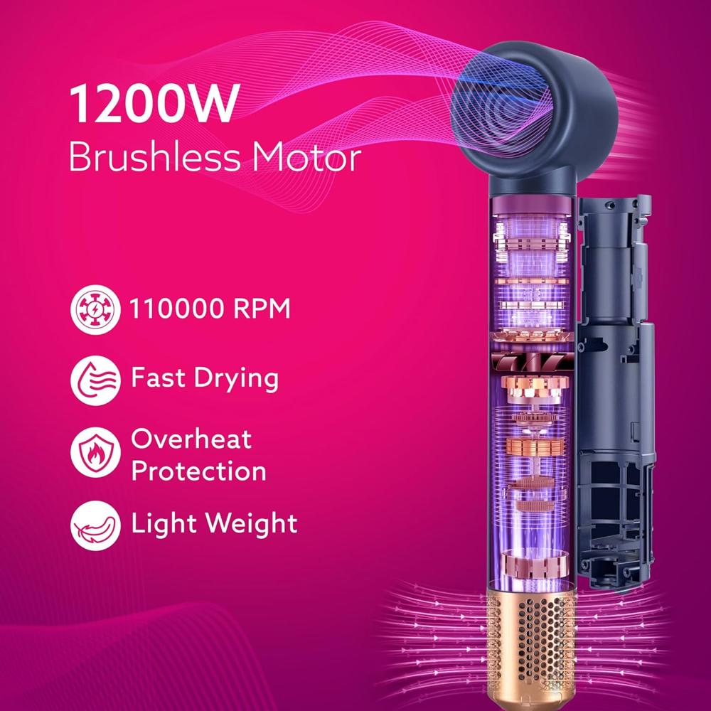 AGARO Imperial Multifunctional 6-in-1 Hair Styler, Brushless 1200W Motor, High Speed Ionic Hair Dryer, Blow Dryer Brush, Detachable Hair Styling Tools, Volumizing, Drying, Smoothing, Men & women, Blue 34141