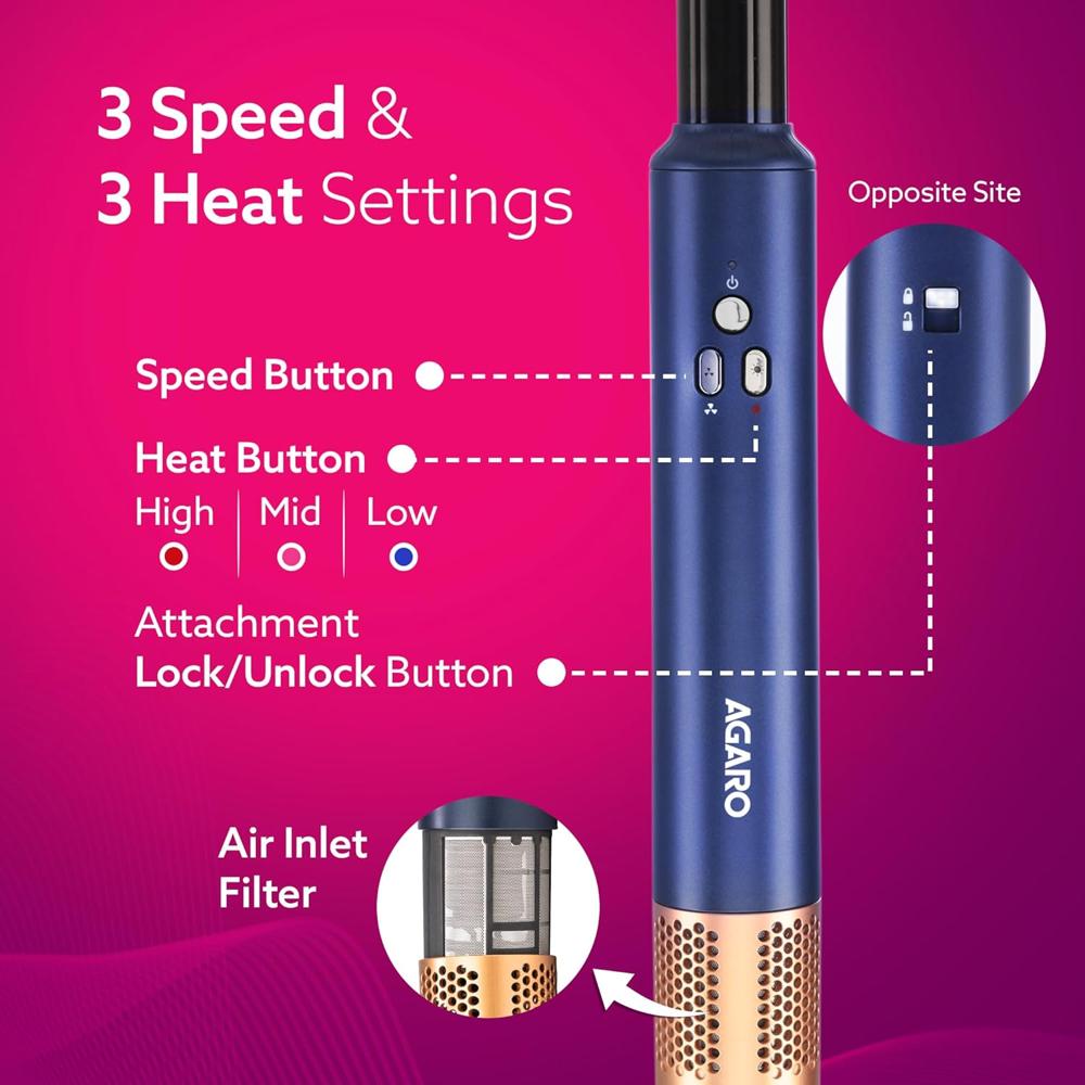 AGARO Imperial Multifunctional 6-in-1 Hair Styler, Brushless 1200W Motor, High Speed Ionic Hair Dryer, Blow Dryer Brush, Detachable Hair Styling Tools, Volumizing, Drying, Smoothing, Men & women, Blue 34141