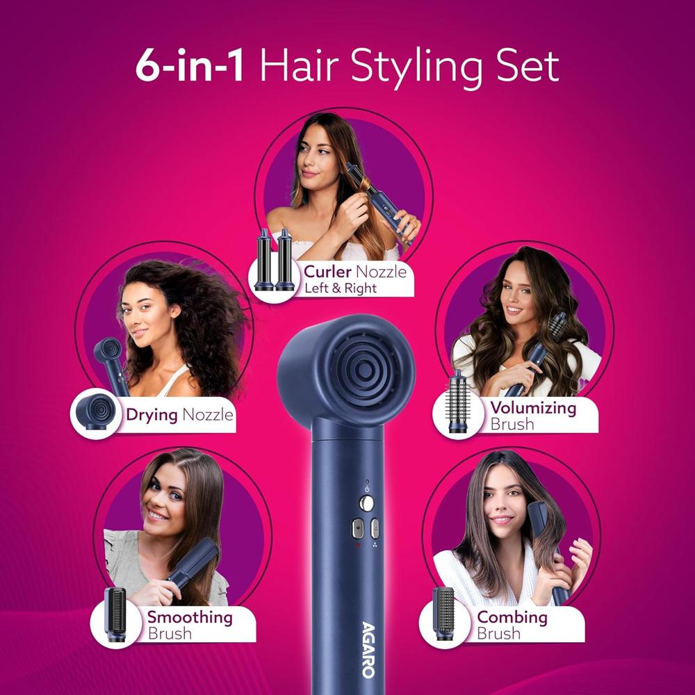 AGARO Imperial Multifunctional 6-in-1 Hair Styler, Brushless 1200W Motor, High Speed Ionic Hair Dryer, Blow Dryer Brush, Detachable Hair Styling Tools, Volumizing, Drying, Smoothing, Men & women, Blue 34141