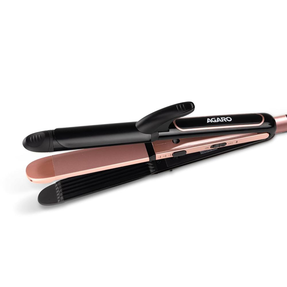 AGARO 3in1 Hair Styler, Straightener, Crimper, Curler For Women, Keratin Infused Ceramic Coated Plate, Variable Style Settings, Hair styling, Colour Black & Rose Gold  33878