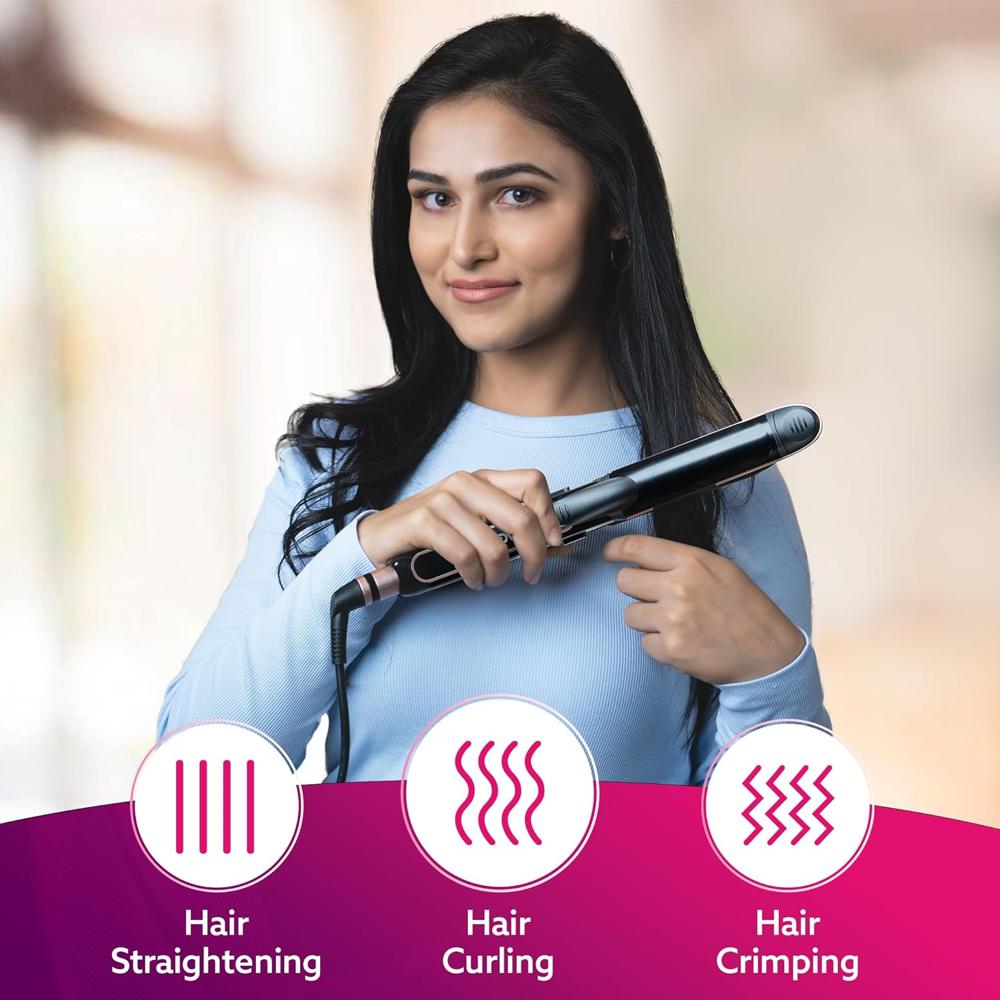 AGARO 3in1 Hair Styler, Straightener, Crimper, Curler For Women, Keratin Infused Ceramic Coated Plate, Variable Style Settings, Hair styling, Colour Black & Rose Gold  33878