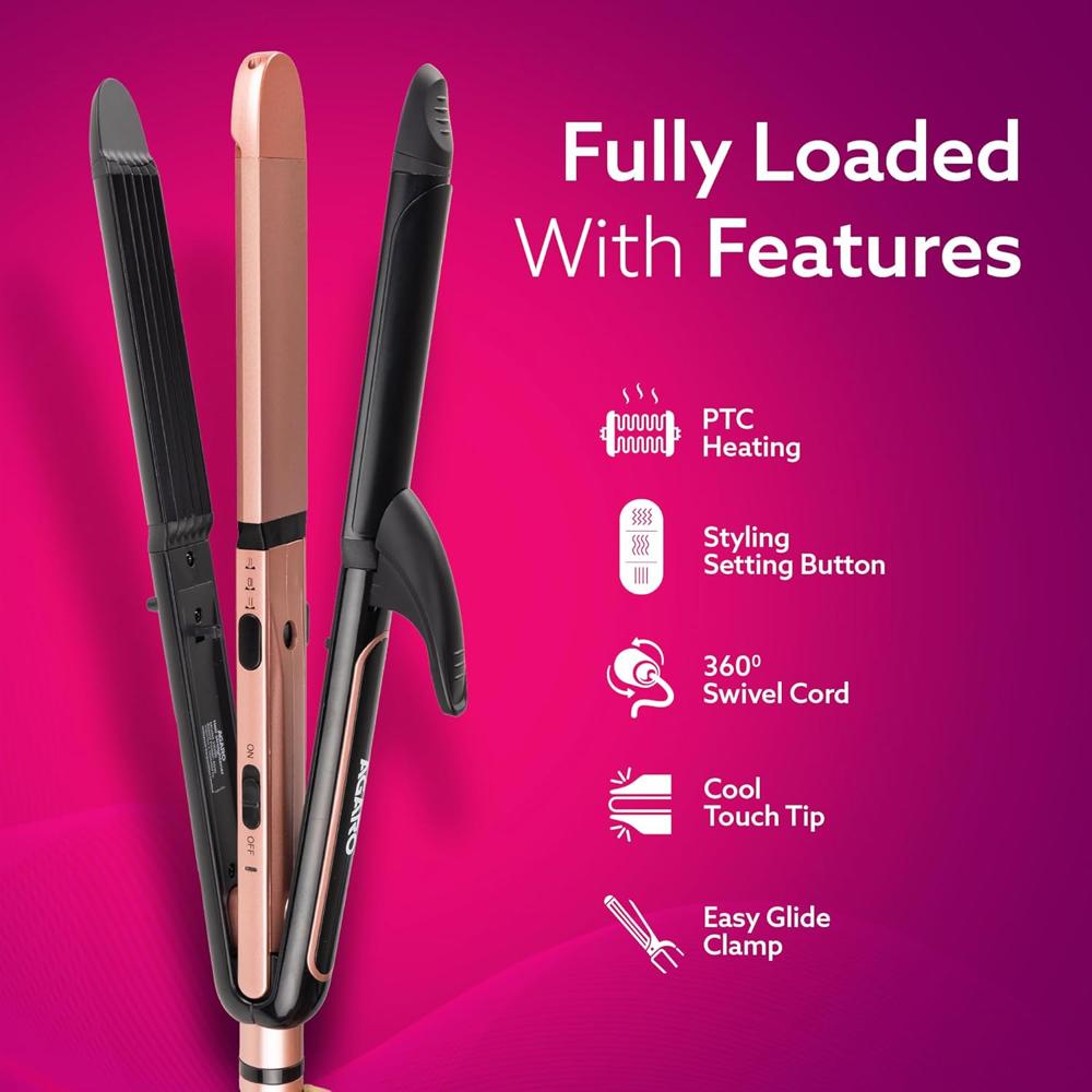 AGARO 3in1 Hair Styler, Straightener, Crimper, Curler For Women, Keratin Infused Ceramic Coated Plate, Variable Style Settings, Hair styling, Colour Black & Rose Gold  33878