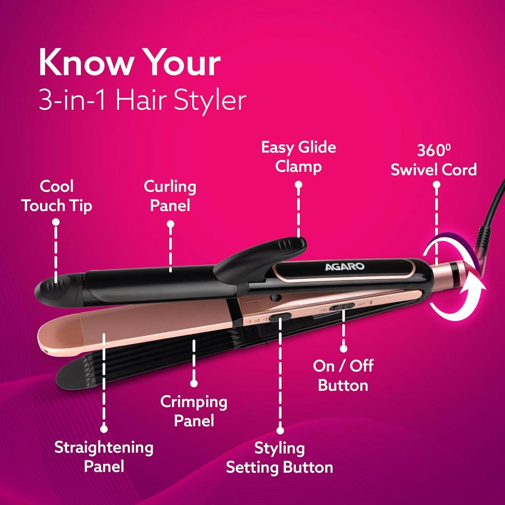 AGARO 3in1 Hair Styler, Straightener, Crimper, Curler For Women, Keratin Infused Ceramic Coated Plate, Variable Style Settings, Hair styling, Colour Black & Rose Gold  33878