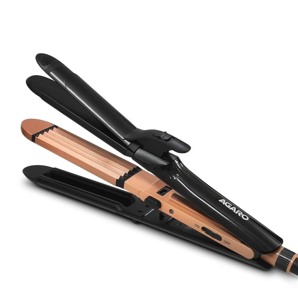 AGARO 4 in1 hair Straightener,Wavy Hair, Crimper, Curler, Hair Styler, Keratin Infused Ceramic Coated Plate, Variable Style Settings, Hair Styling, Black & Rose Gold, HS1719  34135