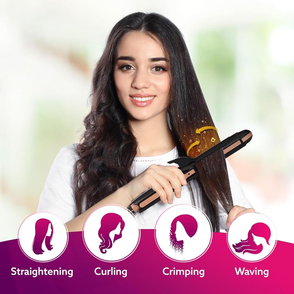 AGARO 4 in1 hair Straightener,Wavy Hair, Crimper, Curler, Hair Styler, Keratin Infused Ceramic Coated Plate, Variable Style Settings, Hair Styling, Black & Rose Gold, HS1719  34135