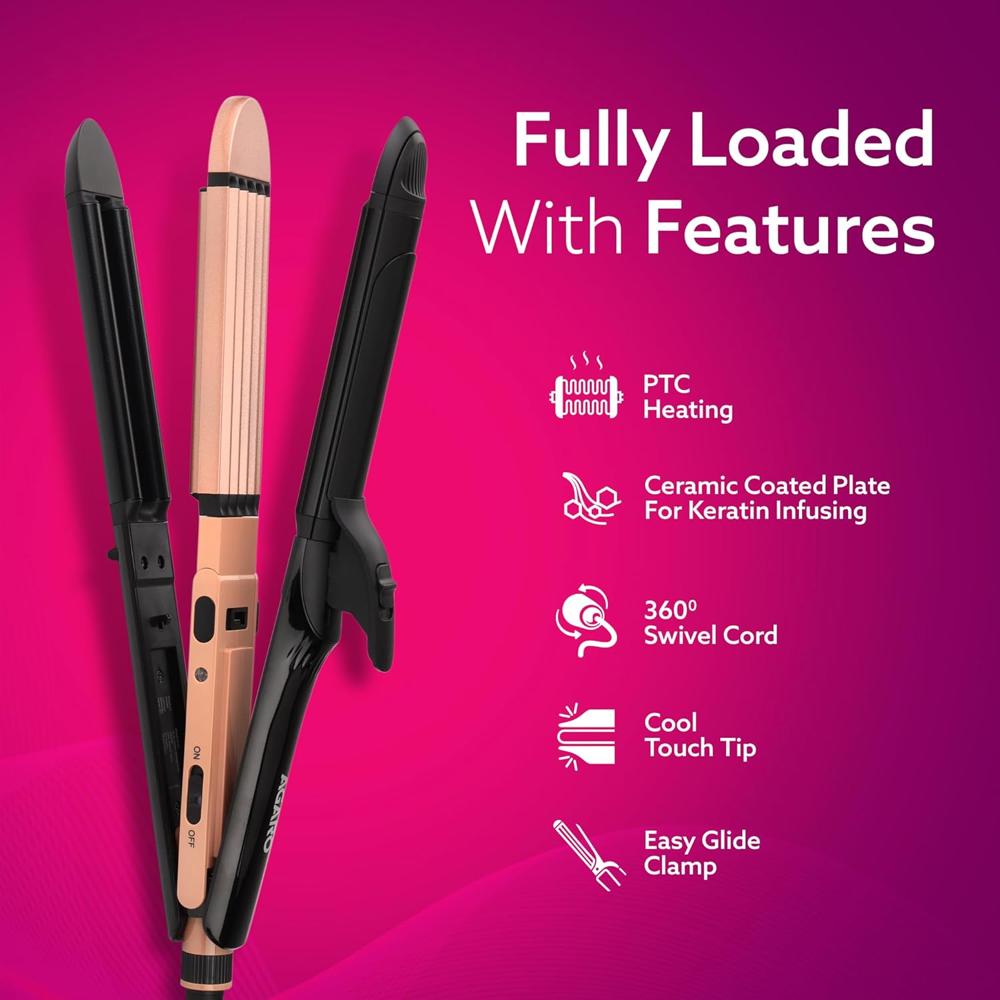 AGARO 4 in1 hair Straightener,Wavy Hair, Crimper, Curler, Hair Styler, Keratin Infused Ceramic Coated Plate, Variable Style Settings, Hair Styling, Black & Rose Gold, HS1719  34135