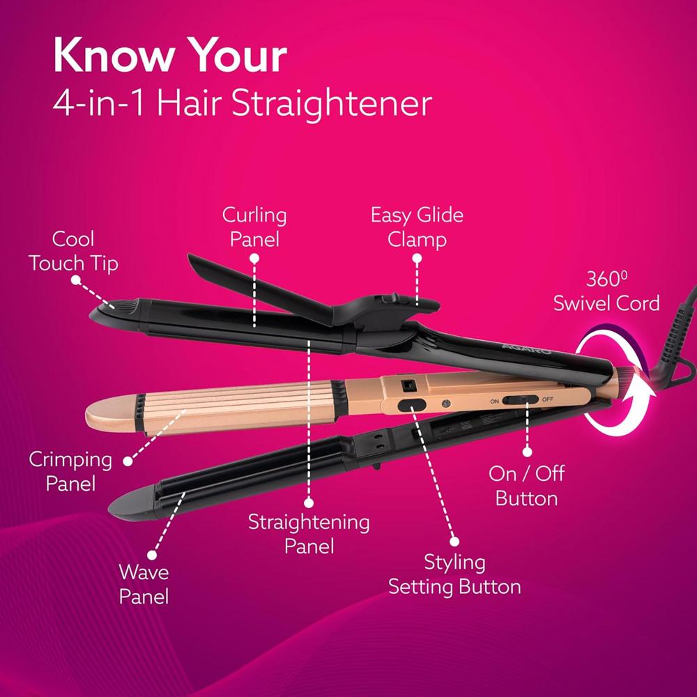 AGARO 4 in1 hair Straightener,Wavy Hair, Crimper, Curler, Hair Styler, Keratin Infused Ceramic Coated Plate, Variable Style Settings, Hair Styling, Black & Rose Gold, HS1719  34135