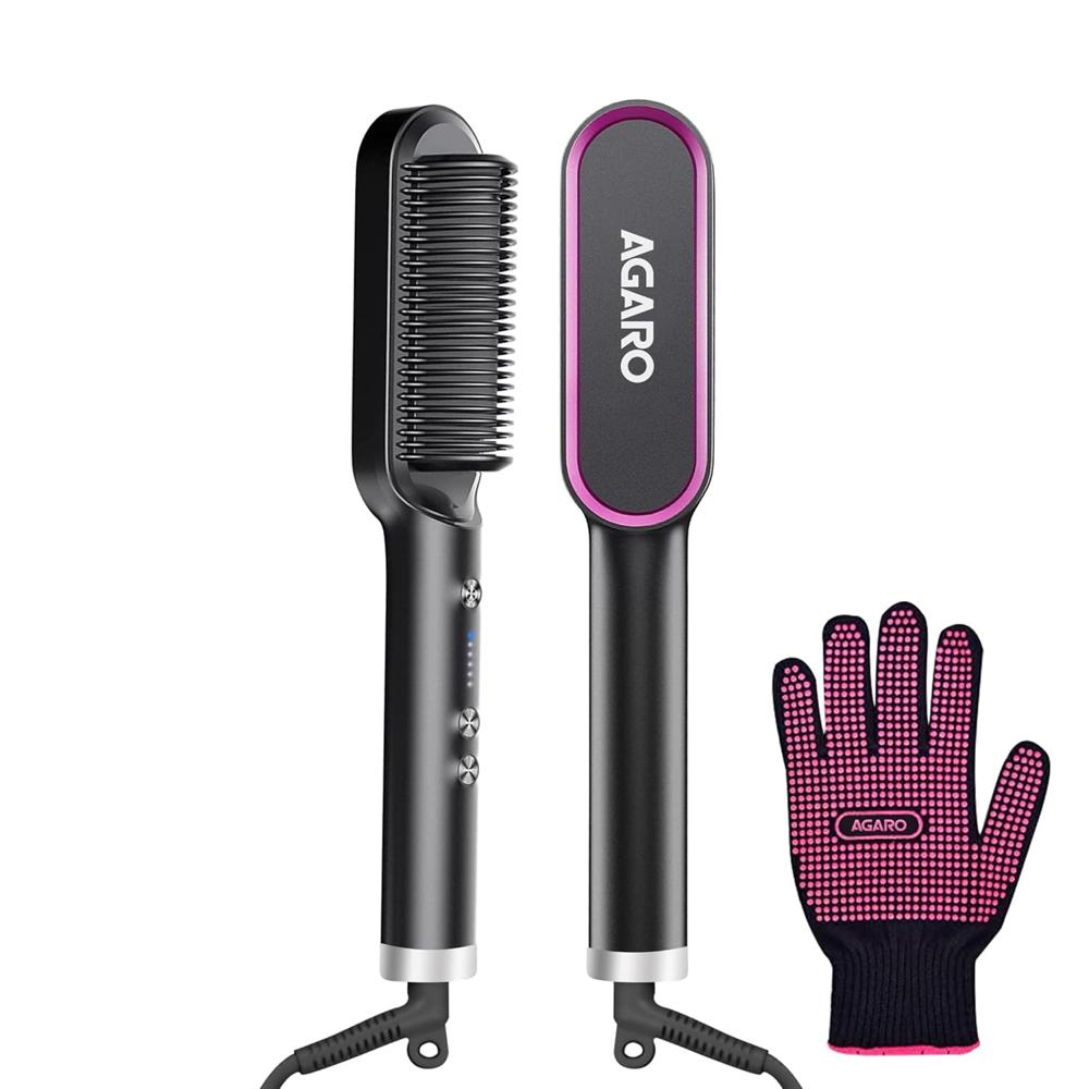 AGARO Hair Straightening Brush, Hair Straightening Comb For Women, Fast Heating, Ionic Care, 5 Heat Settings, Hair Straightener, Hot Brush, Gives Naturally Straight Hair in 5 Mins, Black, HSB2107 33627