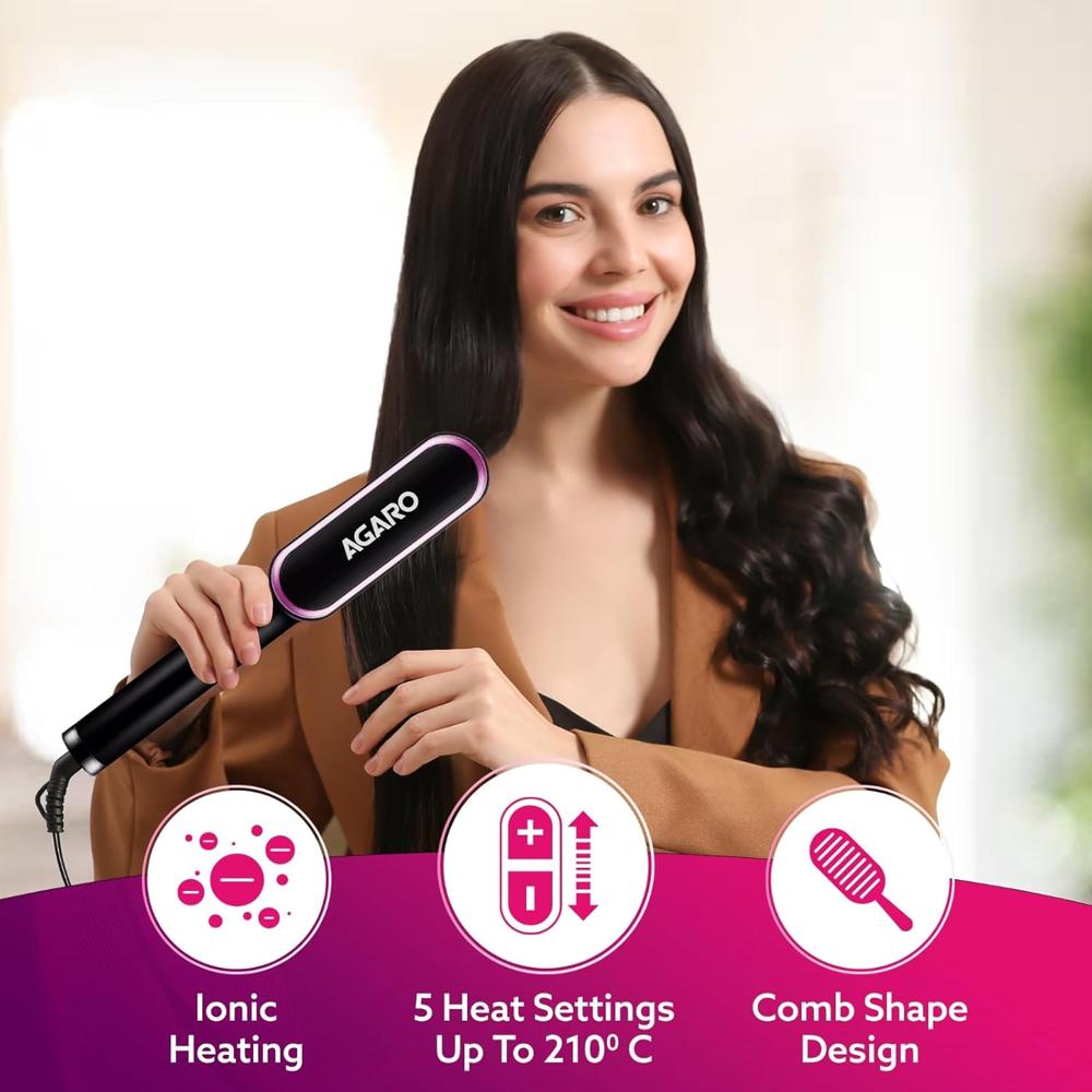 AGARO Hair Straightening Brush, Hair Straightening Comb For Women, Fast Heating, Ionic Care, 5 Heat Settings, Hair Straightener, Hot Brush, Gives Naturally Straight Hair in 5 Mins, Black, HSB2107 33627