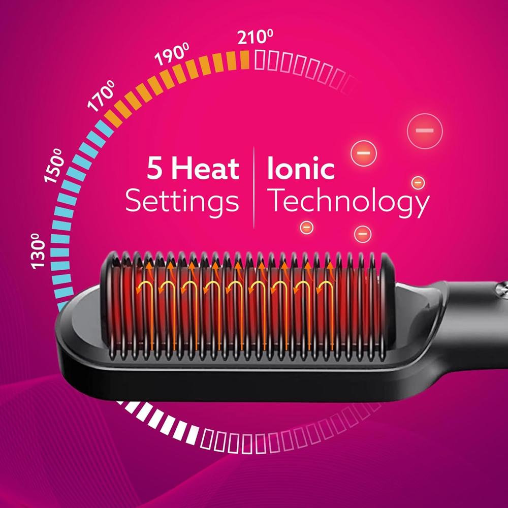 AGARO Hair Straightening Brush, Hair Straightening Comb For Women, Fast Heating, Ionic Care, 5 Heat Settings, Hair Straightener, Hot Brush, Gives Naturally Straight Hair in 5 Mins, Black, HSB2107 33627