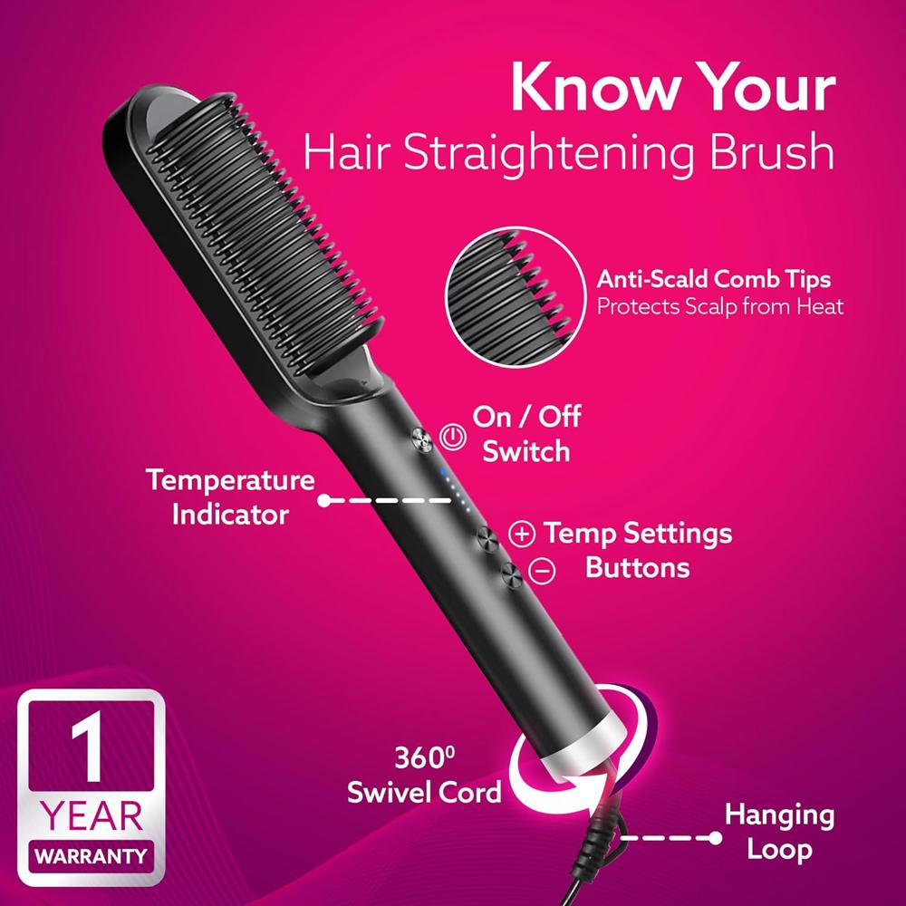 AGARO Hair Straightening Brush, Hair Straightening Comb For Women, Fast Heating, Ionic Care, 5 Heat Settings, Hair Straightener, Hot Brush, Gives Naturally Straight Hair in 5 Mins, Black, HSB2107 33627
