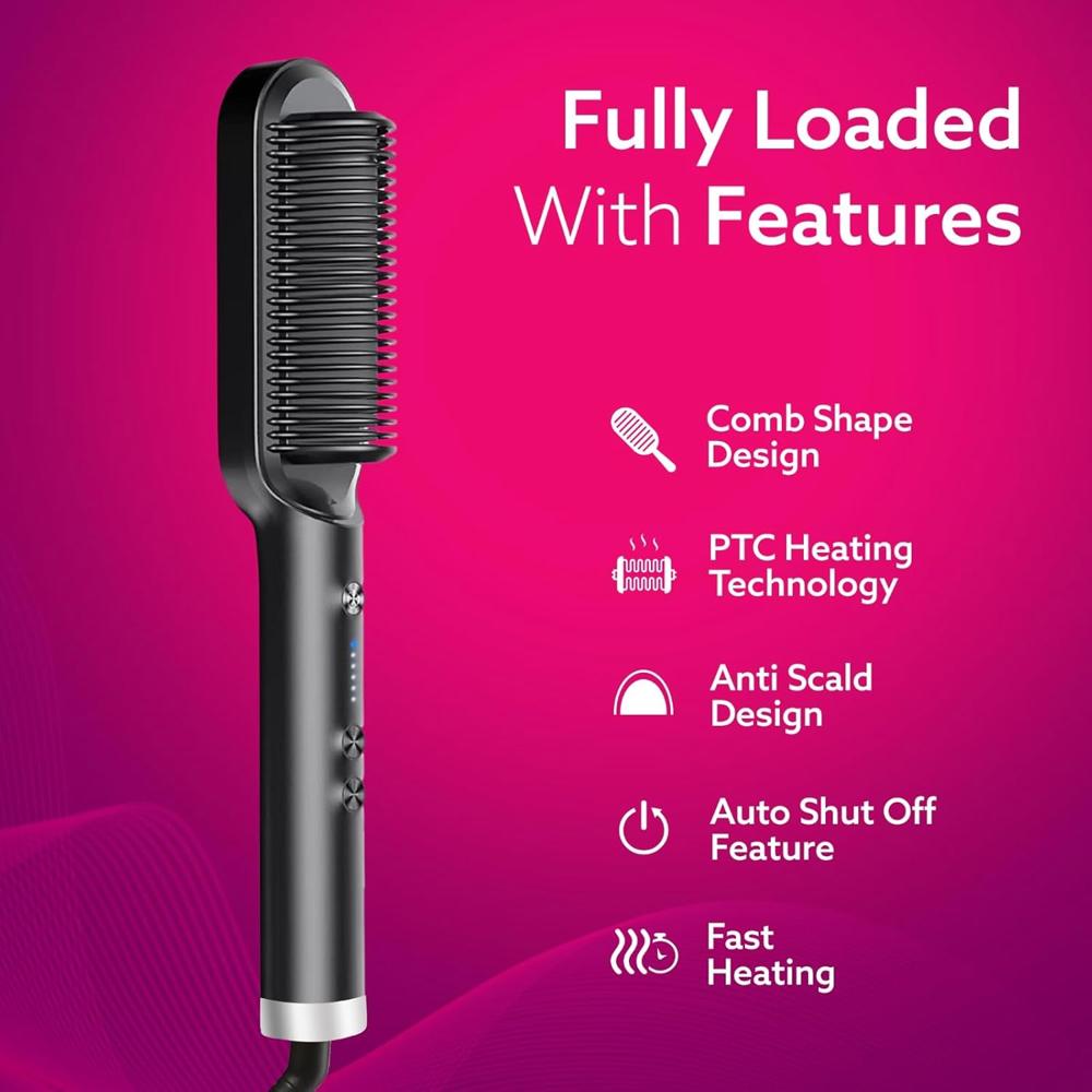 AGARO Hair Straightening Brush, Hair Straightening Comb For Women, Fast Heating, Ionic Care, 5 Heat Settings, Hair Straightener, Hot Brush, Gives Naturally Straight Hair in 5 Mins, Black, HSB2107 33627