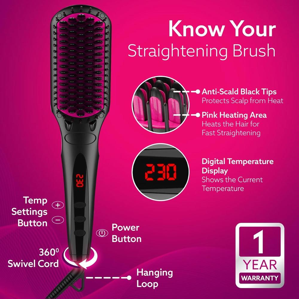 AGARO Hair Straightening Brush, 2-in-1 Hair Straightening and Combing, Ionic Technology, Anti-Scald Feature, Temperature Control and Auto Shut Off Function, Black HSB2206 33774