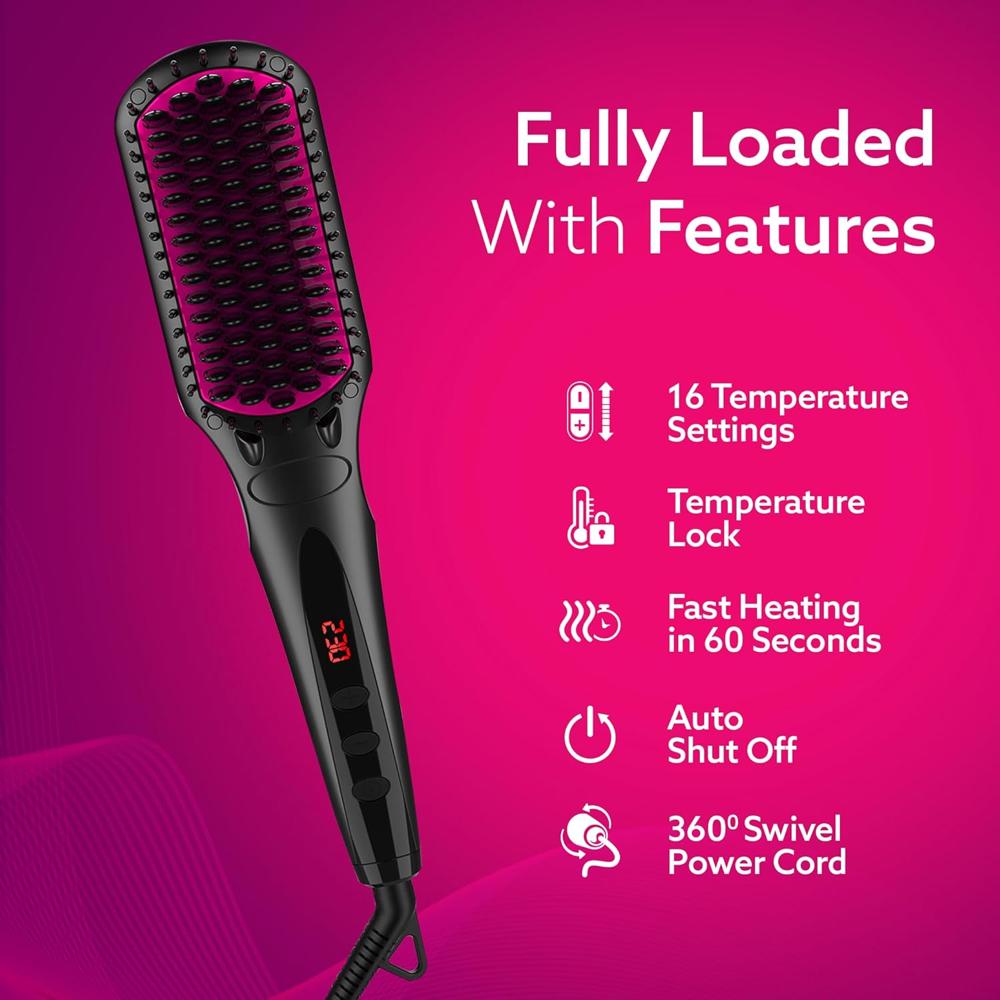AGARO Hair Straightening Brush, 2-in-1 Hair Straightening and Combing, Ionic Technology, Anti-Scald Feature, Temperature Control and Auto Shut Off Function, Black HSB2206 33774