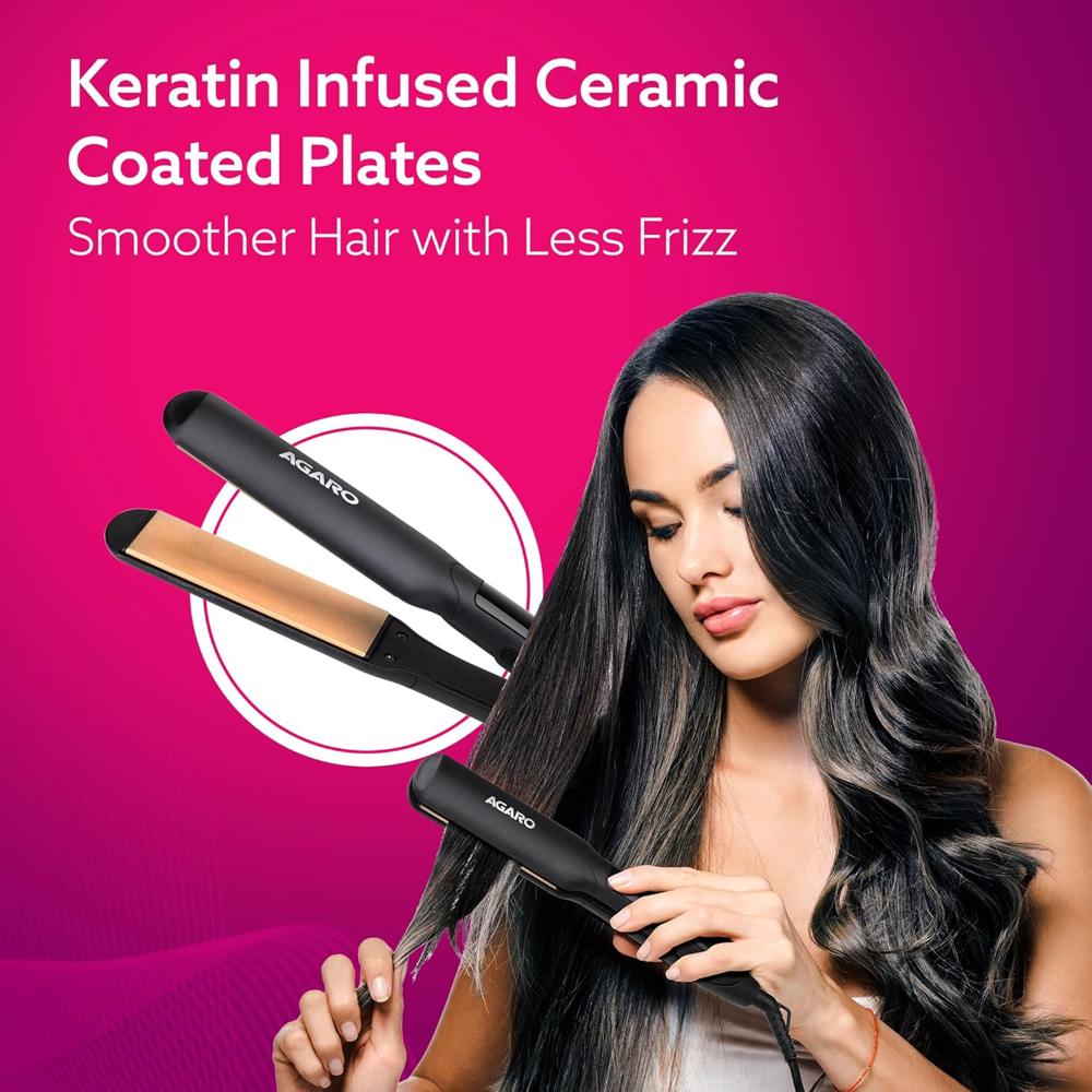 AGARO Icon High Pressure Washer, Wide/Broad Plate, Keratin Infused Ceramic Coated Plate, For Long/Medium Hair, Adjustable Temperature, For Professional Straightening, For Women, Black 34195