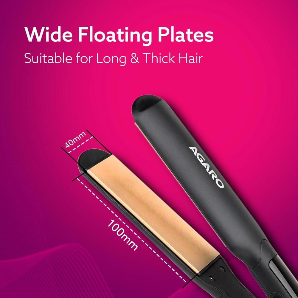 AGARO Icon High Pressure Washer, Wide/Broad Plate, Keratin Infused Ceramic Coated Plate, For Long/Medium Hair, Adjustable Temperature, For Professional Straightening, For Women, Black 34195
