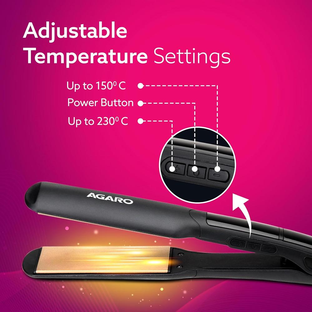 AGARO Icon High Pressure Washer, Wide/Broad Plate, Keratin Infused Ceramic Coated Plate, For Long/Medium Hair, Adjustable Temperature, For Professional Straightening, For Women, Black 34195