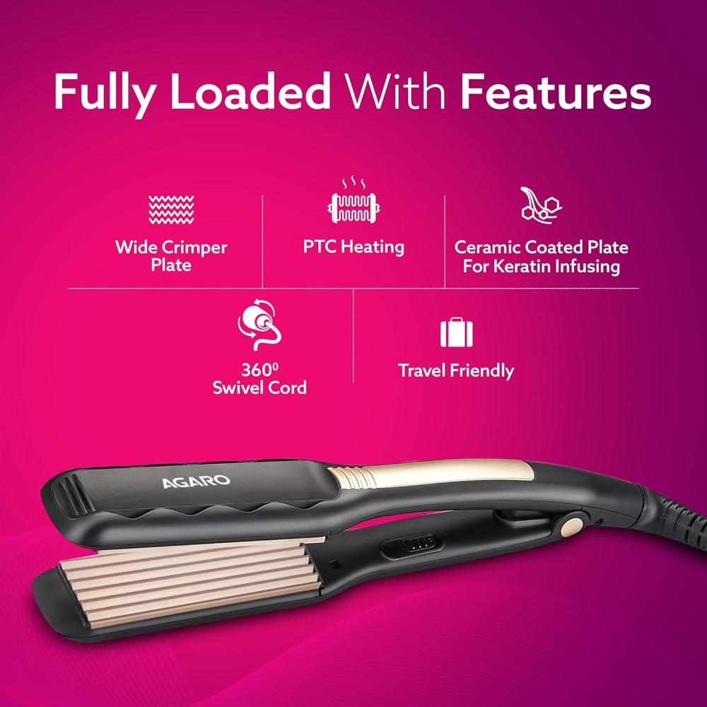 AGARO Hair Crimper for Women, Long Wide Ceramic Coated Plates, Crimping Machine for Hair, Fast heating, PTC Heating, Professional Hair Styling For Women 33908