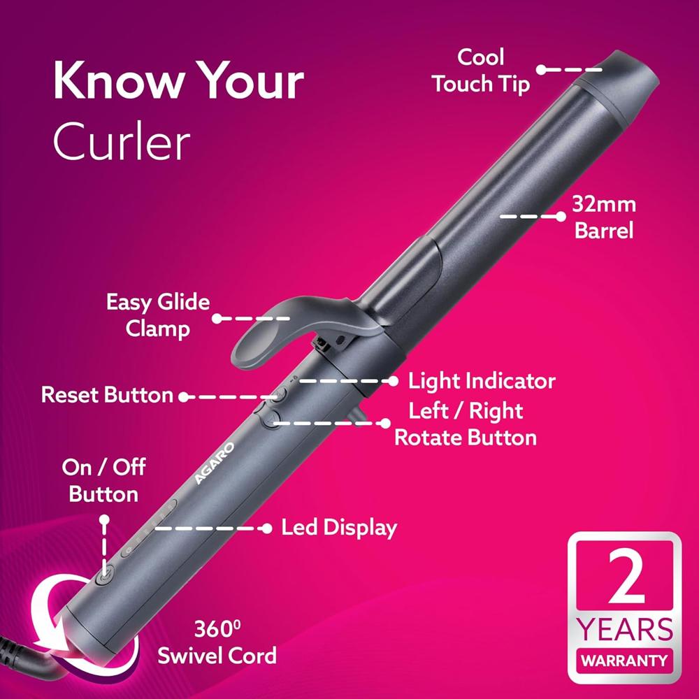 AGARO Prima Rotating Hair Curler,32 mm Ceramic Coated Barrel,Automatic Curling,Fast Heating,Ceramic Coated Titanium Barrel For Long/Medium Hair,Professional Self Curling Hair Styler,For Women,Black 33196