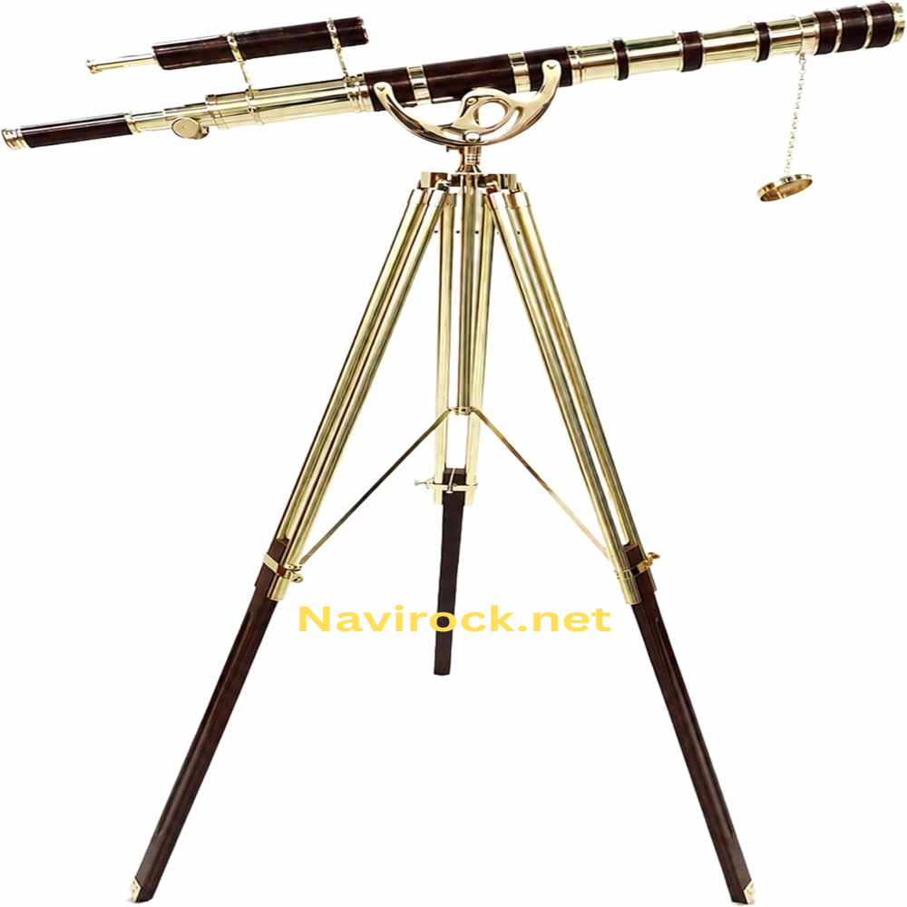 Vintage Brass Telescope with Wooden Tripod Nautical Floor Standing Double Barrel Shiny Finish