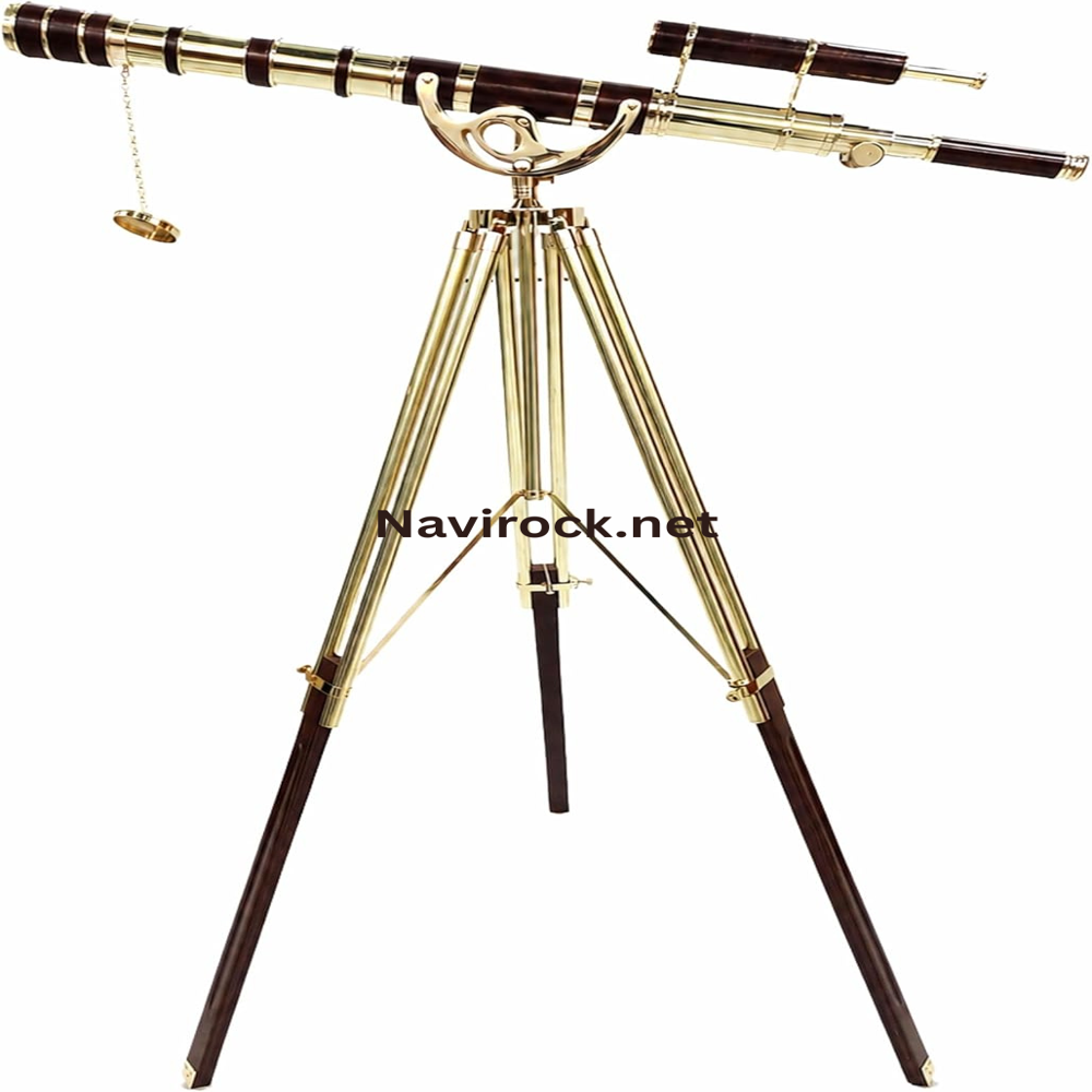 Vintage Brass Telescope with Wooden Tripod Nautical Floor Standing Double Barrel Shiny Finish