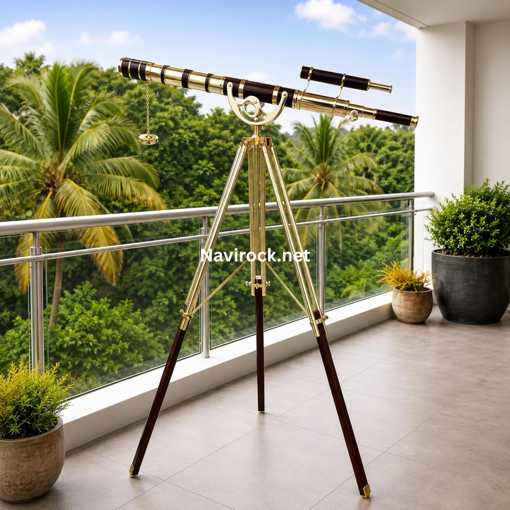 Vintage Brass Telescope with Wooden Tripod Nautical Floor Standing Double Barrel Shiny Finish