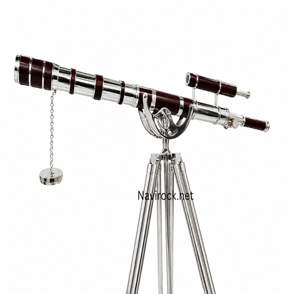 Vintage Brass Telescope with Wooden Tripod Nautical Floor Standing Double Barrel Shiny Finish