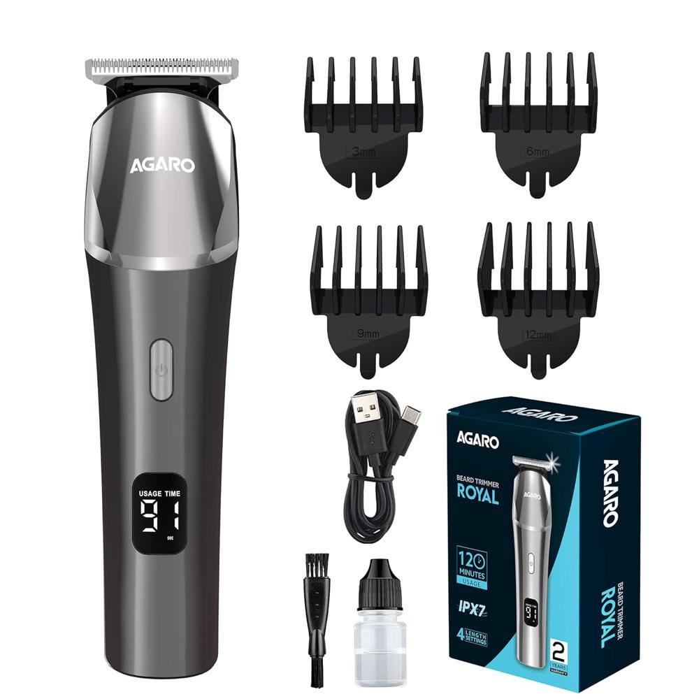 Agaro Royal Beard Trimmer For Men, Hair Trimming, High Precision Trimmer, Cordless, 4 Length Setting Combs, Self Sharpening Stainless Steel Blade, Metal Body, Fast Charging, 120 Minutes Usage, Silver 34186 - Power Consumption: 100 Watt (w)