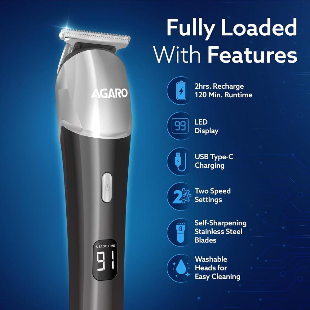 AGARO Royal Beard Trimmer For Men, Hair Trimming, High Precision Trimmer, Cordless, 4 Length Setting Combs, Self Sharpening Stainless Steel Blade, Metal Body, Fast Charging, 120 Minutes Usage, Silver 34186