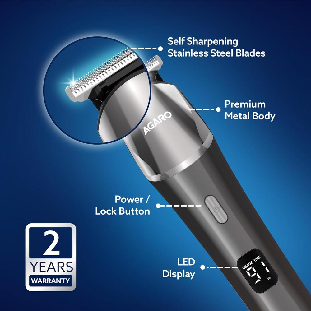 AGARO Royal Beard Trimmer For Men, Hair Trimming, High Precision Trimmer, Cordless, 4 Length Setting Combs, Self Sharpening Stainless Steel Blade, Metal Body, Fast Charging, 120 Minutes Usage, Silver 34186