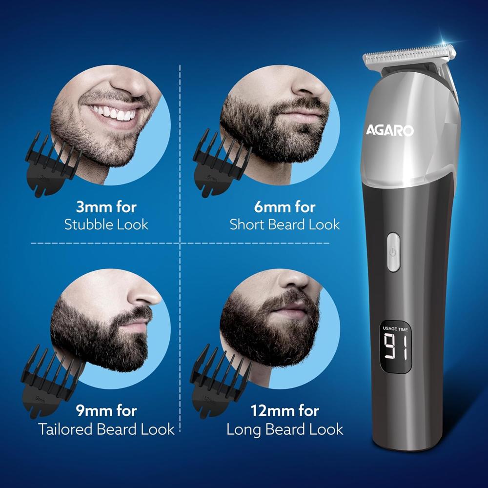 AGARO Royal Beard Trimmer For Men, Hair Trimming, High Precision Trimmer, Cordless, 4 Length Setting Combs, Self Sharpening Stainless Steel Blade, Metal Body, Fast Charging, 120 Minutes Usage, Silver 34186