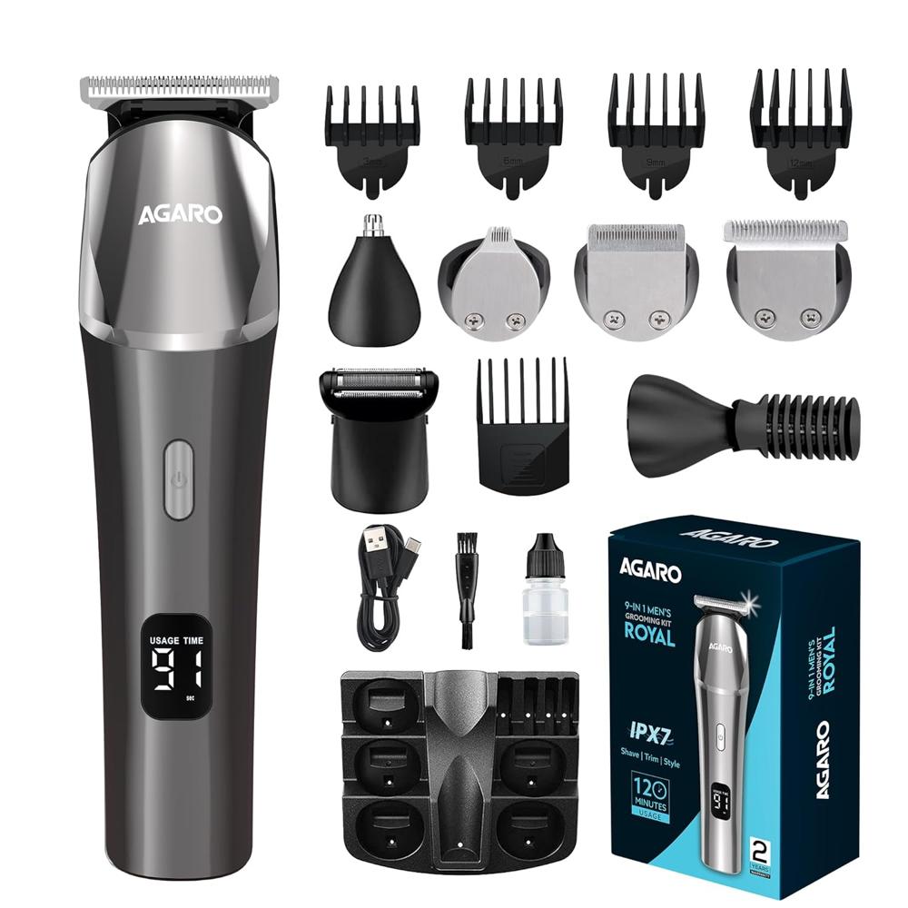 AGARO Royal Multi Grooming Kit For Men, 9in1, Shave| Trim | Style, Face Head Body Trimmer, Self Sharpening Stainless Steel Blade, 5 Combs, Metal Body, Type C Fast Charging, 120 Min Usage, IPX7, Silver - 34187