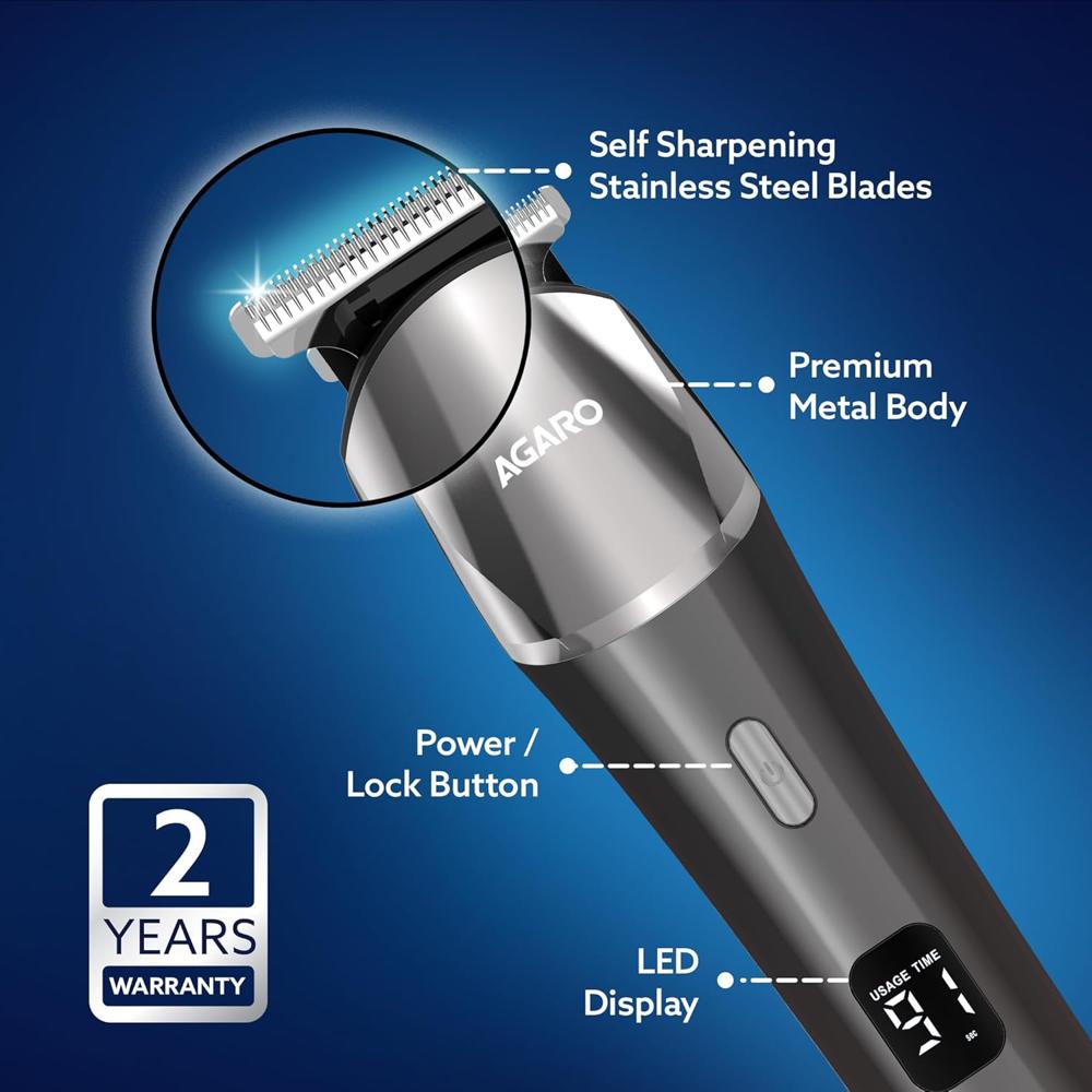 AGARO Royal Multi Grooming Kit For Men, 9in1, Shave| Trim | Style, Face Head Body Trimmer, Self Sharpening Stainless Steel Blade, 5 Combs, Metal Body, Type C Fast Charging, 120 Min Usage, IPX7, Silver - 34187