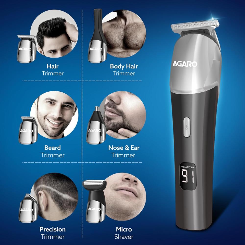 AGARO Royal Multi Grooming Kit For Men, 9in1, Shave| Trim | Style, Face Head Body Trimmer, Self Sharpening Stainless Steel Blade, 5 Combs, Metal Body, Type C Fast Charging, 120 Min Usage, IPX7, Silver - 34187