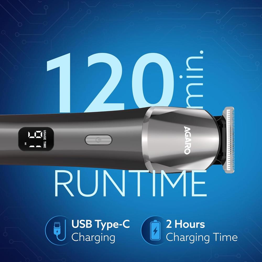 AGARO Royal Multi Grooming Kit For Men, 9in1, Shave| Trim | Style, Face Head Body Trimmer, Self Sharpening Stainless Steel Blade, 5 Combs, Metal Body, Type C Fast Charging, 120 Min Usage, IPX7, Silver - 34187