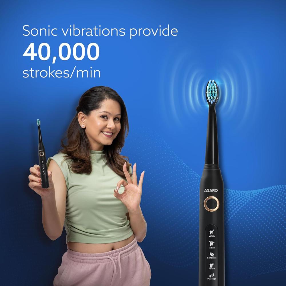 AGARO COSMIC Sonic Electric Toothbrush for Adults with 5 Modes, 3 Brush Heads & Rechargeable with 4 Hours Charge Lasting up to 25 Days, Power Toothbrush, (Black) 33437