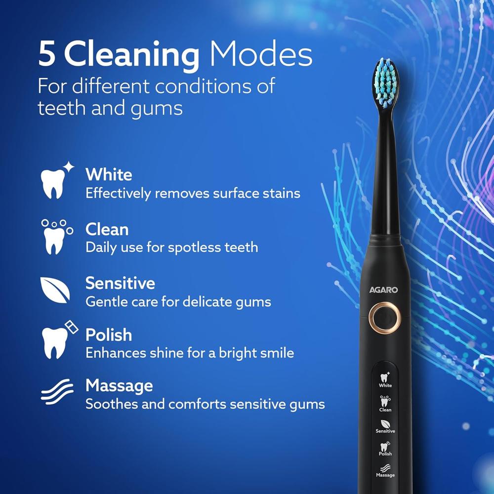 AGARO COSMIC Sonic Electric Toothbrush for Adults with 5 Modes, 3 Brush Heads & Rechargeable with 4 Hours Charge Lasting up to 25 Days, Power Toothbrush, (Black) 33437