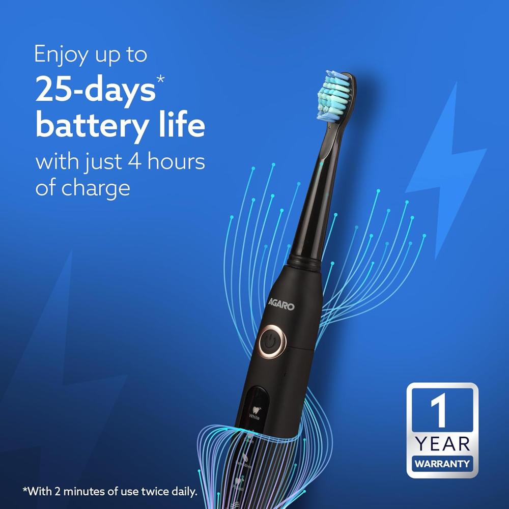 AGARO COSMIC Sonic Electric Toothbrush for Adults with 5 Modes, 3 Brush Heads & Rechargeable with 4 Hours Charge Lasting up to 25 Days, Power Toothbrush, (Black) 33437